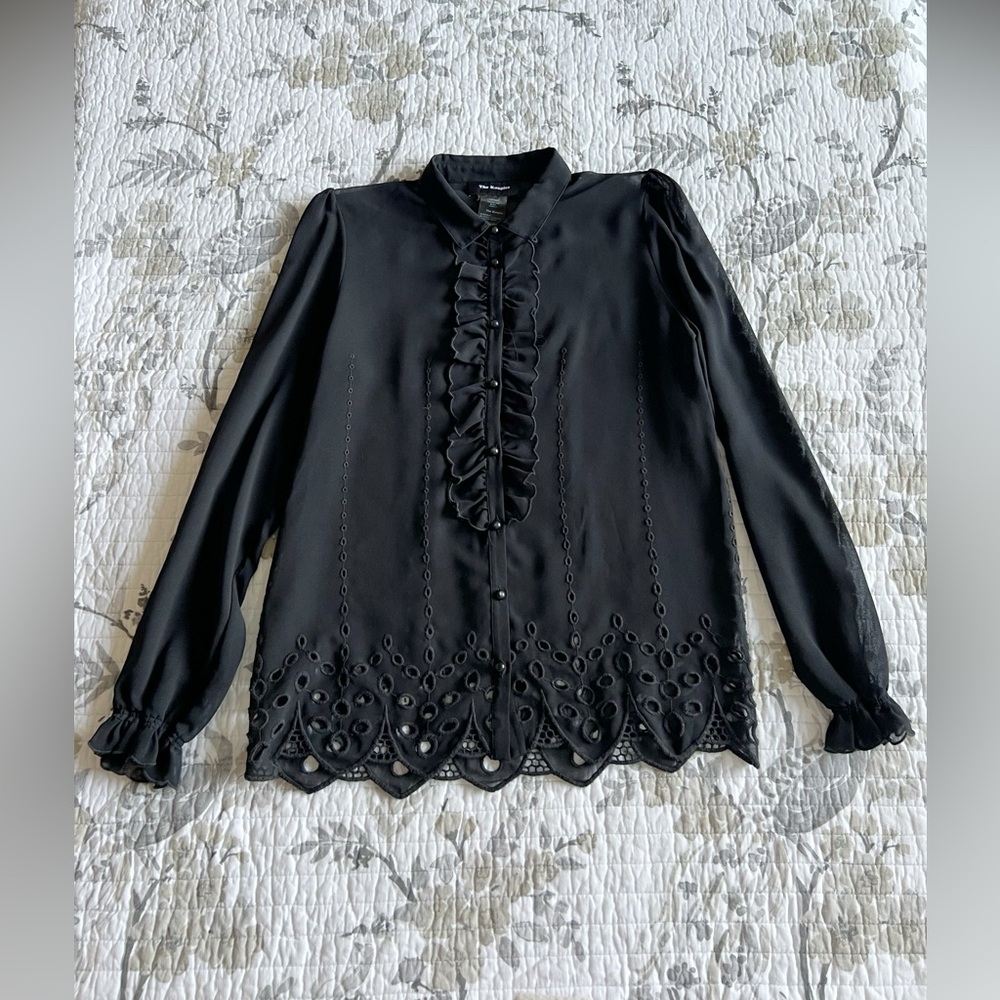 The Kooples Ruffled Eyelet Blouse in Black • S